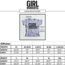 Load image into Gallery viewer, Girl Artist tri-blend tee, size chart, youth and adult, #GirlStrong #girlpower