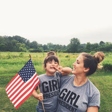 Load image into Gallery viewer, Girl President tri-blend tee, youth and adult, #GirlStrong #girlpower #sheshouldrun #feminist #girlwonderful