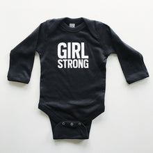 Load image into Gallery viewer, Girl Strong onesie sizes 6 month and 12 month, a great baby gift,  #girlstrong #girlpower 