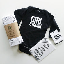 Load image into Gallery viewer, Girl Strong onesie sizes 6 month and 12 month, a great baby gift,  #girlstrong #girlpower 